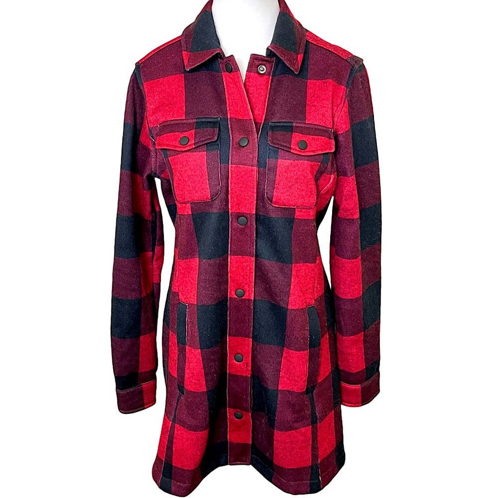 Lands End Women’s Snap Front Longer Plaid Jacket Size XS Red Black Buffalo Plaid